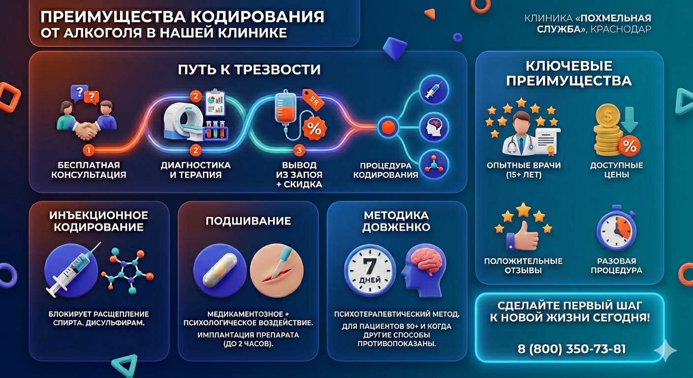 Инфографика о методах кодирования от алкоголя в Выльгорте: инъекции, подшивание, метод Довженко. Преимущества клиники и этапы лечения.